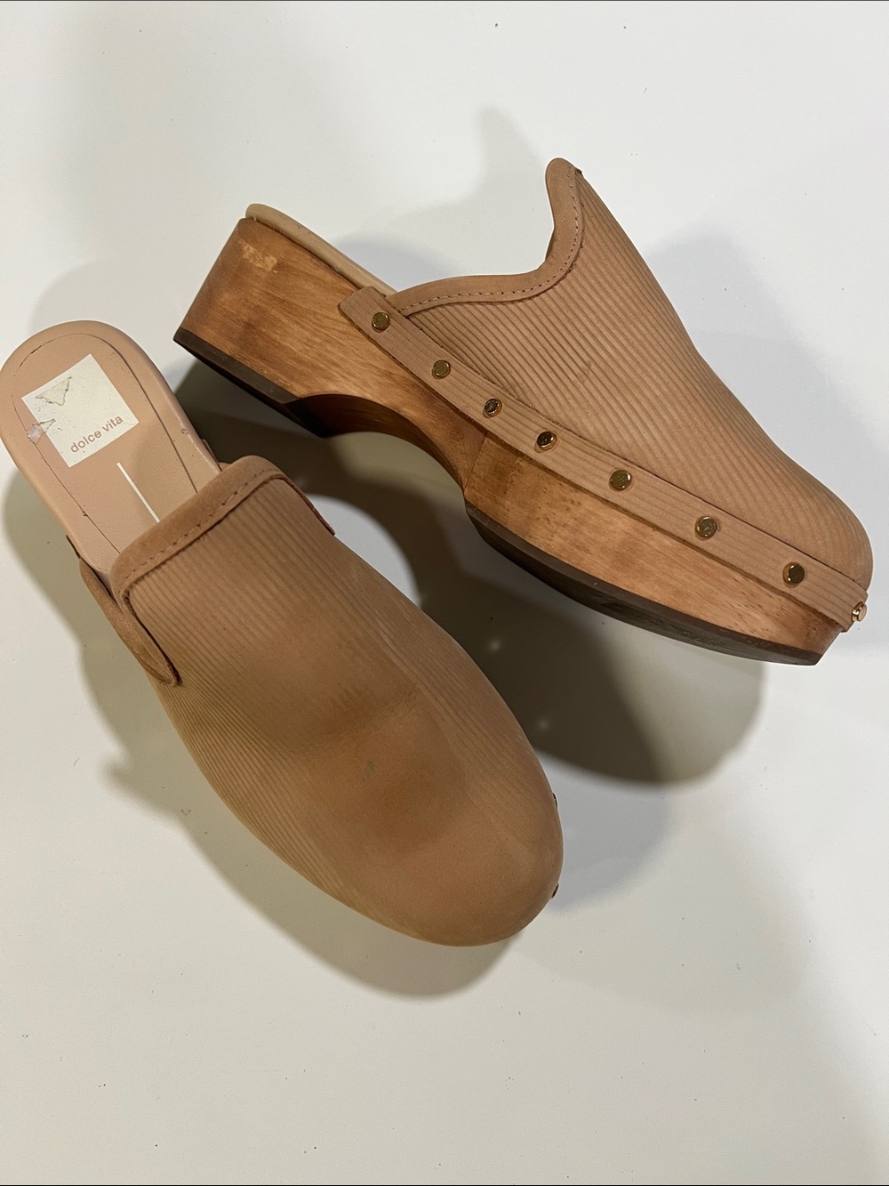 Dolce Vita - 8.5, Tan Ribbed Leather Wooden Clog Mules